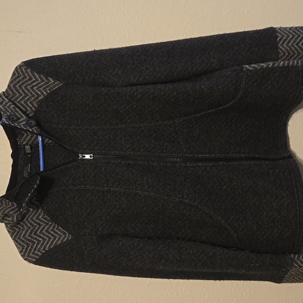 Prana Gray Hooded Jacket with Chevron Accents